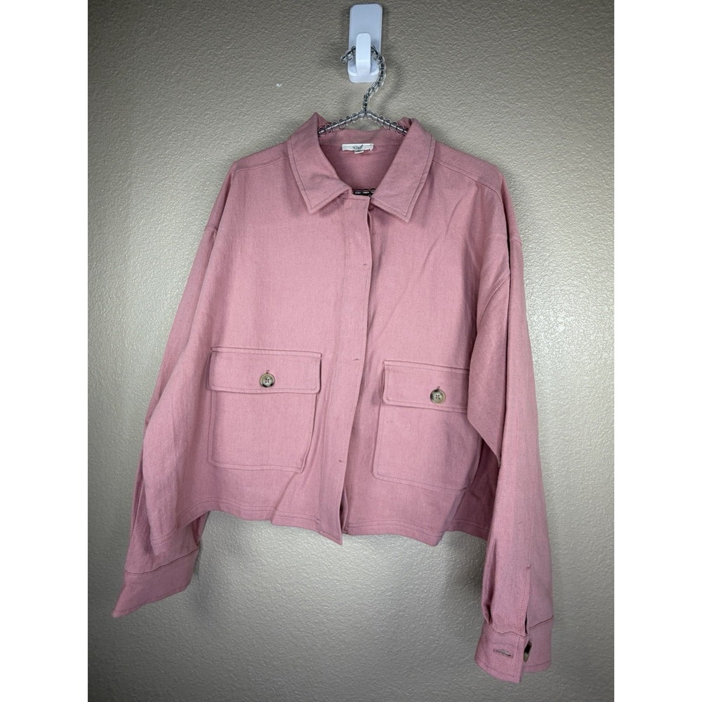 Easel Los Angeles Pink Cotton Cropped Utility Shacket Sz M Minimalist Casual‎